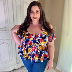 🌠Donated 1/2026 criss cross off the shoulder blouse top shirt pink navy